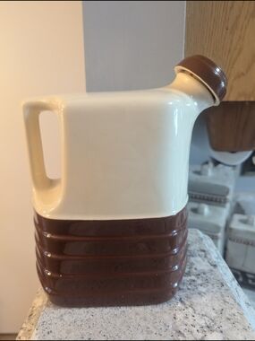 Vintage Universal Pottery Cambridge Pitcher, Cork Stopper, Unmarked, Brown White
